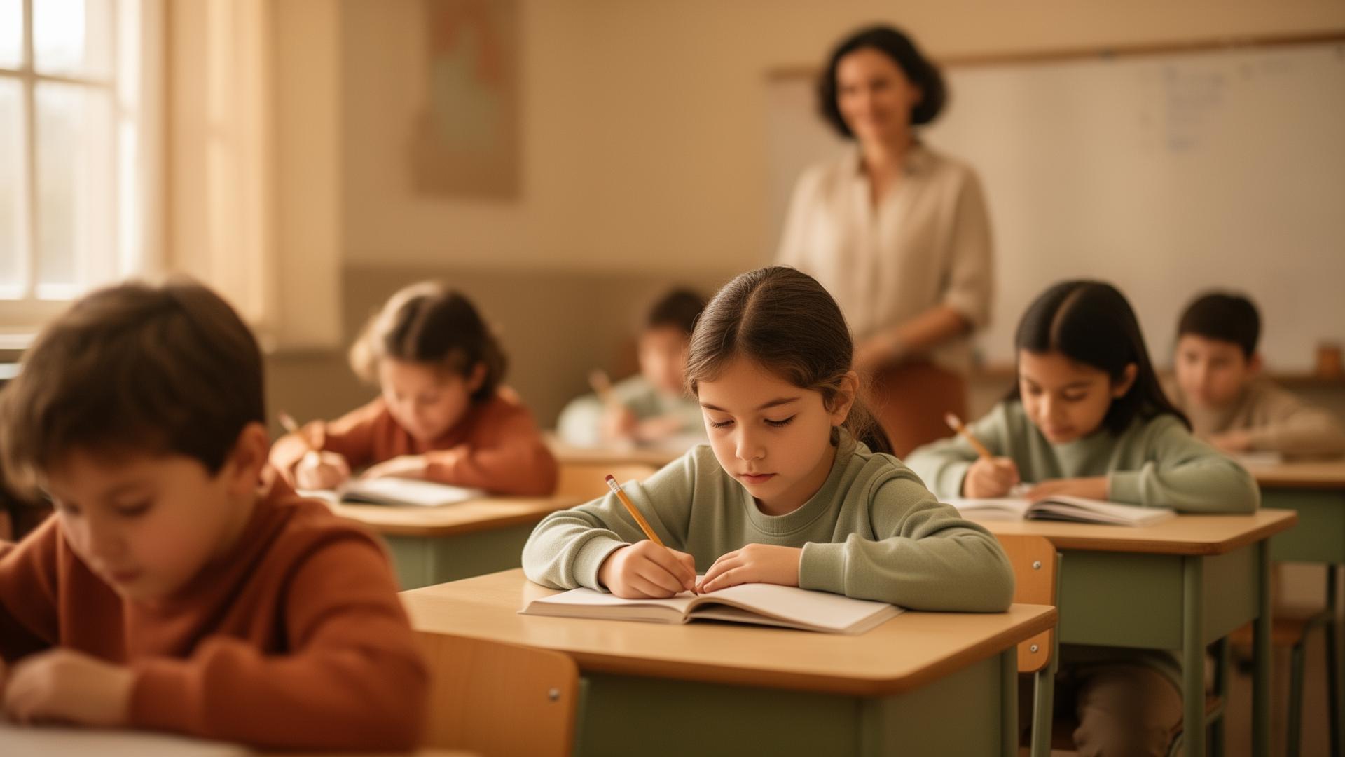 Calm classroom with children at work and a teacher in soft natural light